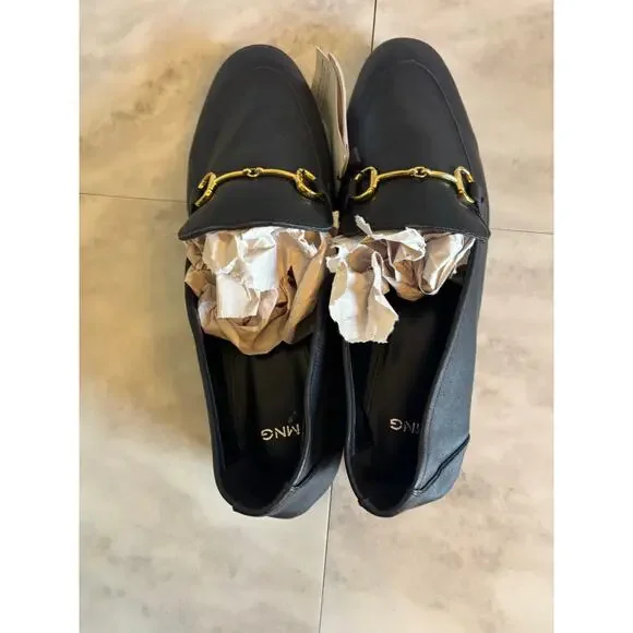 Mango Women’s Gold Buckle Leather Upper Moccasins Black Size 9 New Flats - Picture 2 of 7